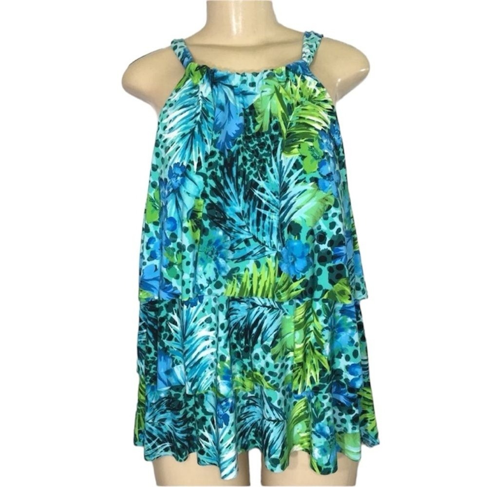 NEW Dreamsuit by Miracle Brands Women Tropical Tiered Tankini Top Blue Green 10